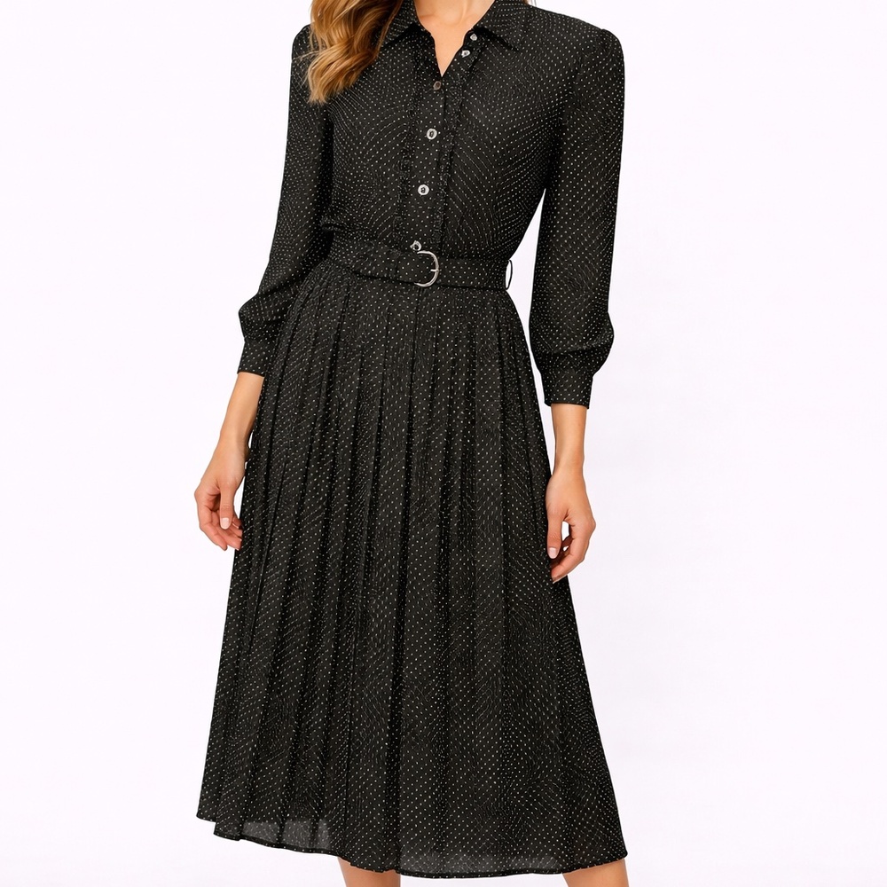 Leslie Fay Black Long Sleeve Shirt Dress 12 Polka Dots